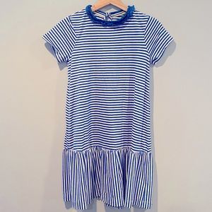 Mini Boden Ruffle Neck Modal Blend Jersey Dress in Blue Stripe